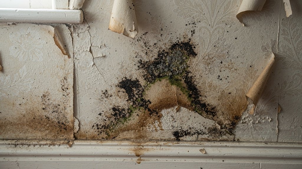 Damp and mould damage on interior wall of British property