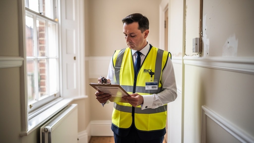 RICS surveyor inspecting the interior of a British terraced house during a building survey